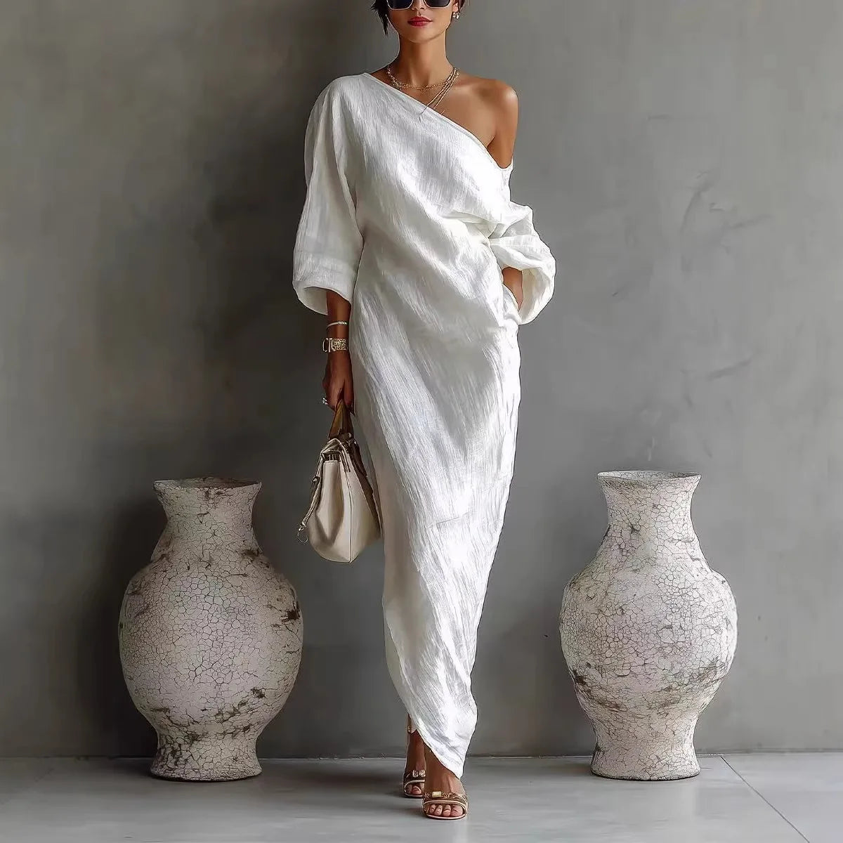 SELENE | One Shoulder Linen Maxi Dress